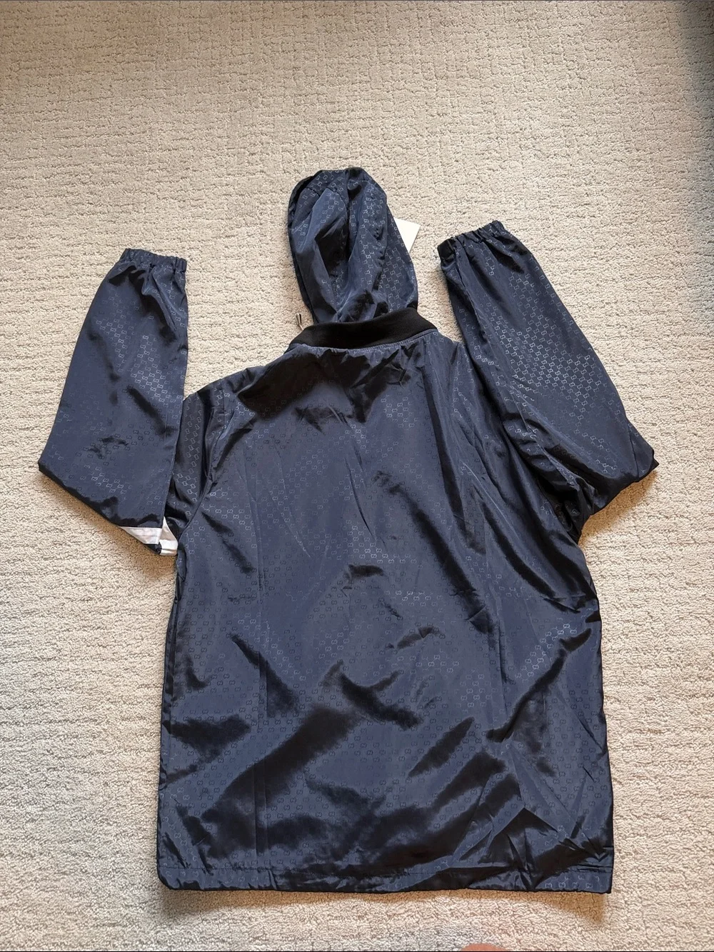 Gucci Navy Hooded Raincoat with White Stripe Detail